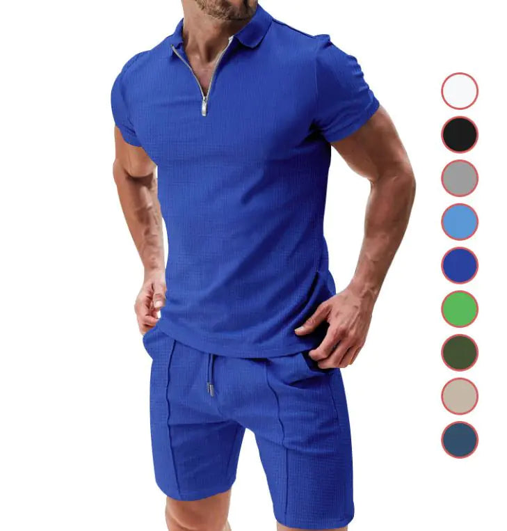 Men's Short Sleeve Shorts Casual Suit Summer Waffle Solid Color Casual Loose Lapels T-shirt Suit Men