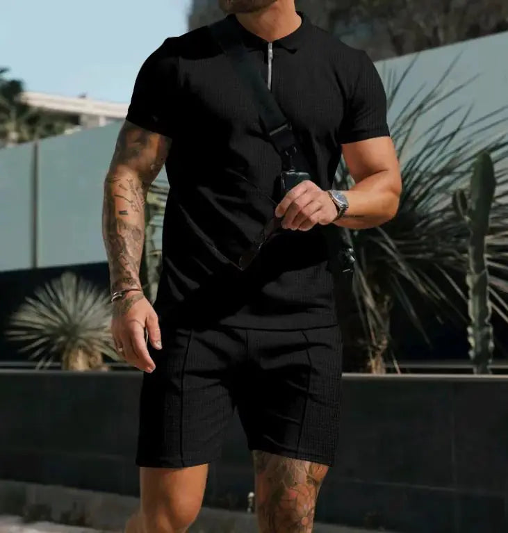 Men's Short Sleeve Shorts Casual Suit Summer Waffle Solid Color Casual Loose Lapels T-shirt Suit Men